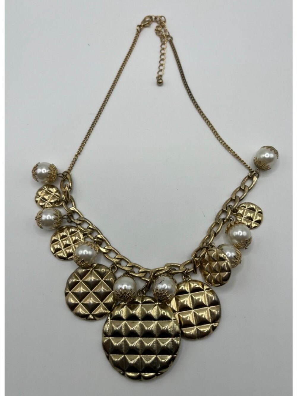Gold Tone Statement Necklace With Pearl & Textured Disc Charms - Picture 6 of 6